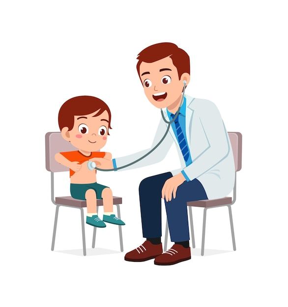 a little boy sitting on a chair being examined by a doctor with a stethoscope