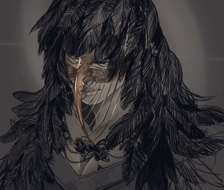 a drawing of a woman with black feathers on her head and face, in front of a dark background