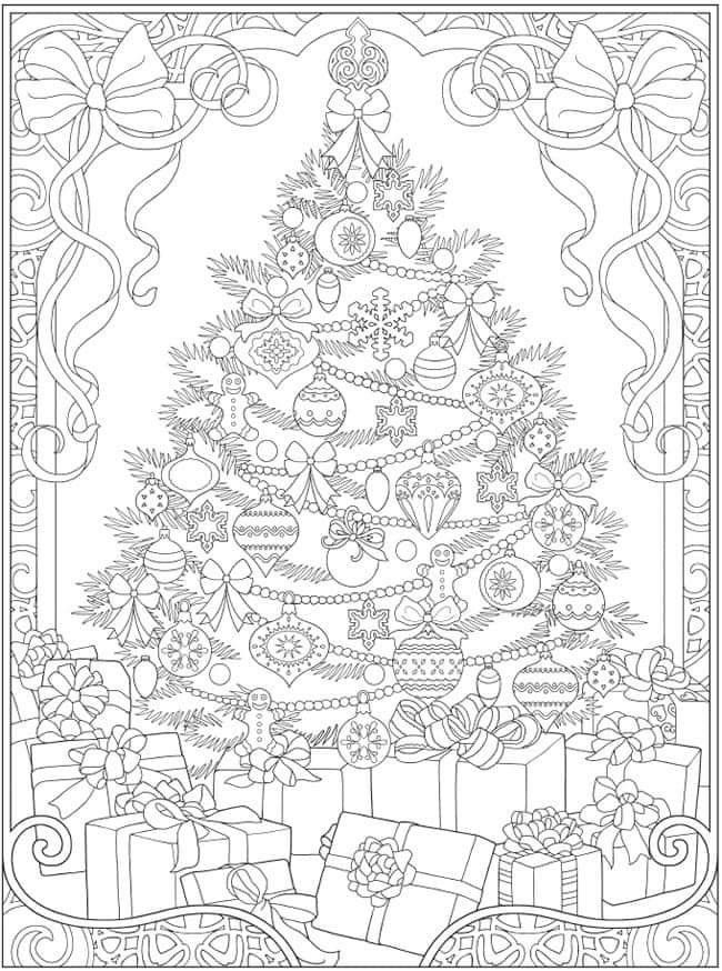 a christmas tree with presents on it in the middle of a coloring page for adults