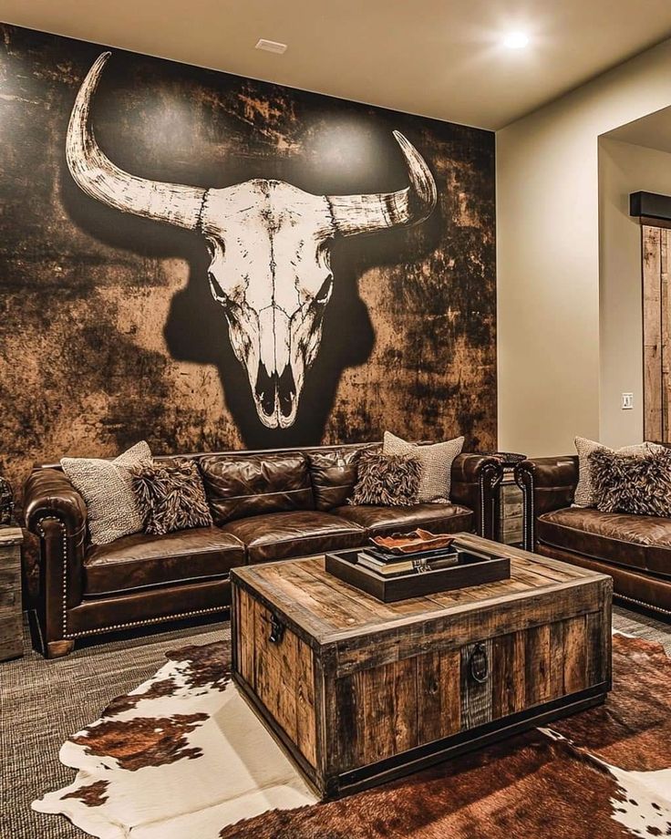 a living room with two couches, a coffee table and a cow skull on the wall