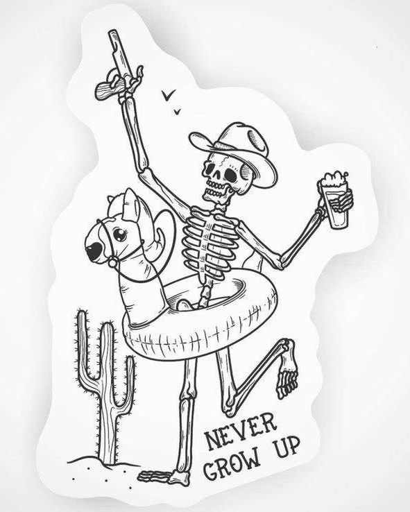 a sticker with a skeleton sitting on top of a chair next to a cactus