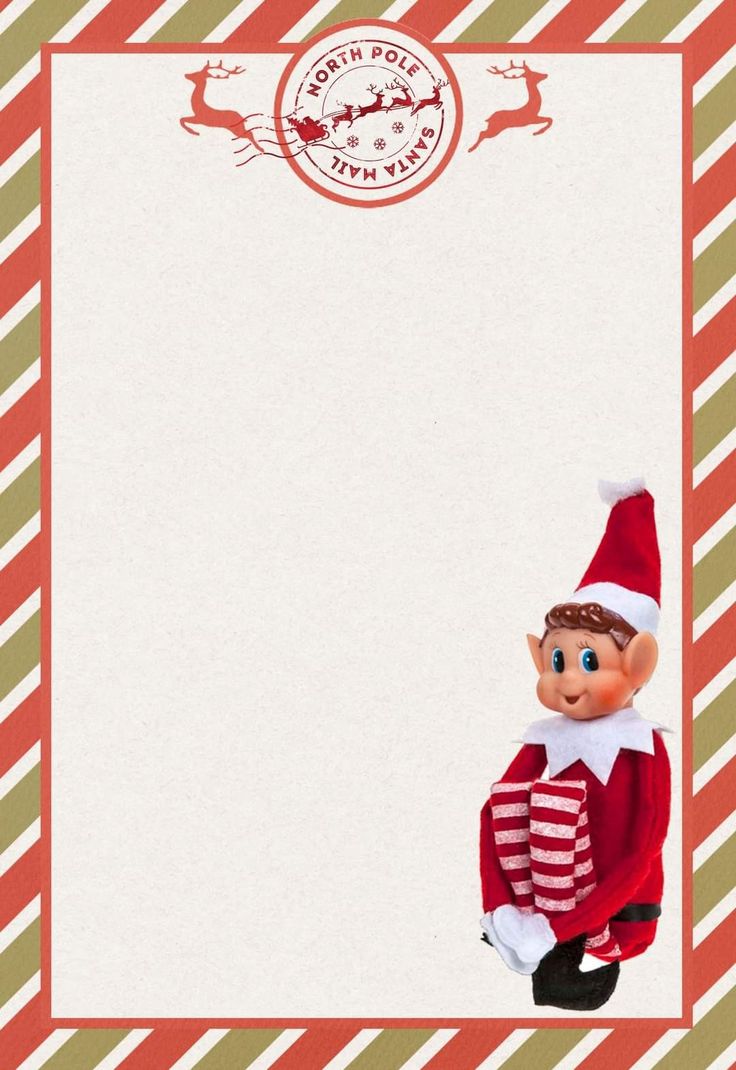 an elf is standing in front of a white paper with red and green stripes on it