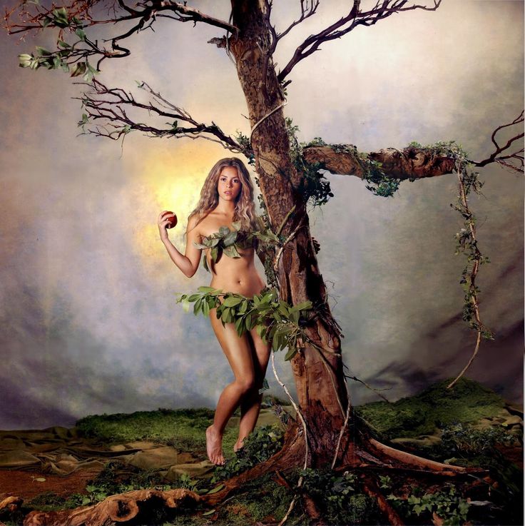 a painting of a naked woman standing next to a tree