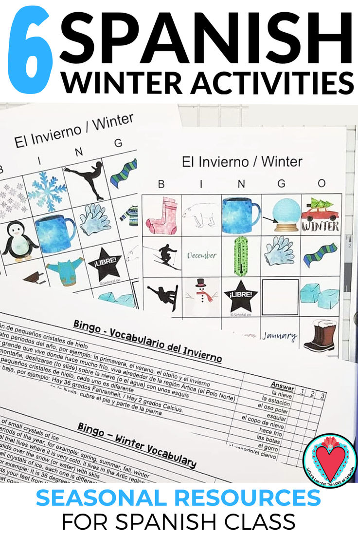 printable Spanish bingo game with winter vocabulary words and images with clues in Spanish sentences Spanish Christmas Activities For Kids, Resources Bulletin Board, Winter Vocabulary Words, Winter Fun Activities, Middle School Spanish Lessons, Winter Vocabulary, Words In Spanish, Spanish Sentences, Vocabulary Word Walls