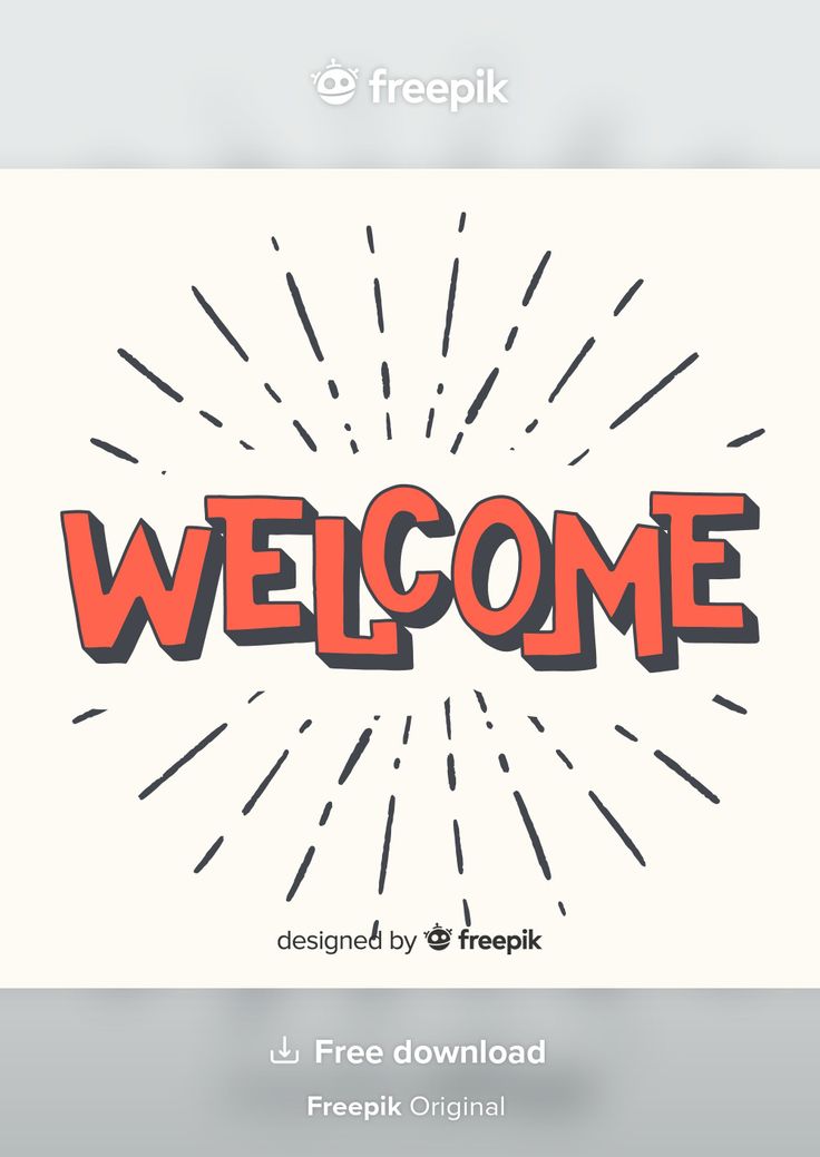 the word welcome is written in red and black with rays coming out of its center