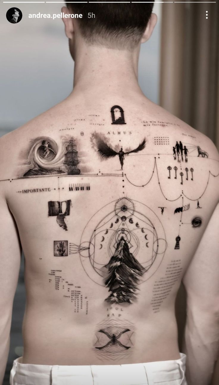 the back of a man's body with many different things on his chest and neck