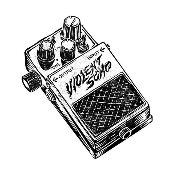 a black and white drawing of an electric guitar pedal with the words, violent sho on it