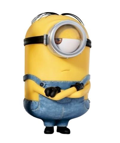 a cartoon minion with his arms crossed and eyes wide open, standing in front of a white background