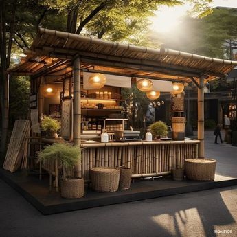 an outdoor bar with wicker baskets on the outside and lights hanging from the roof