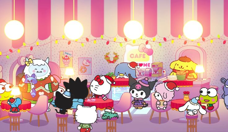 cartoon characters are sitting around a table in a room with lights on the ceiling and decorations hanging from the ceiling