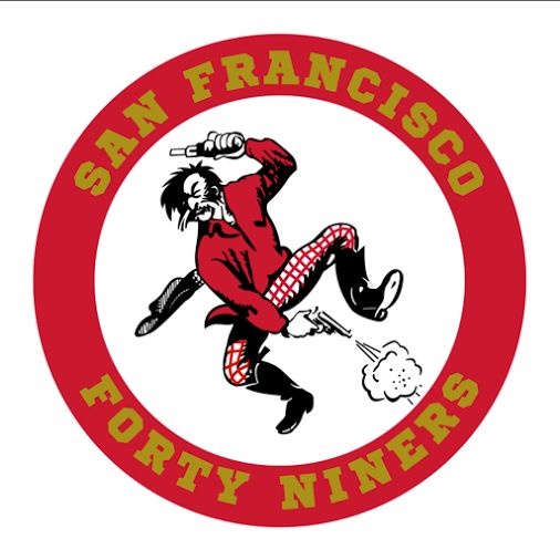 the san francisco forty niners logo is shown in red and white with an image of a man holding a baseball bat