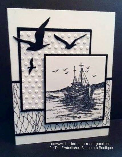 a card with birds flying over a boat