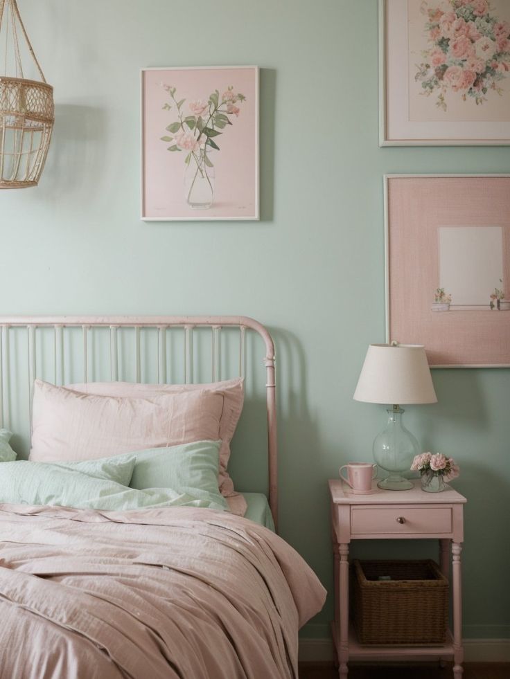 a bedroom with mint green walls and pink bedding, two pictures on the wall