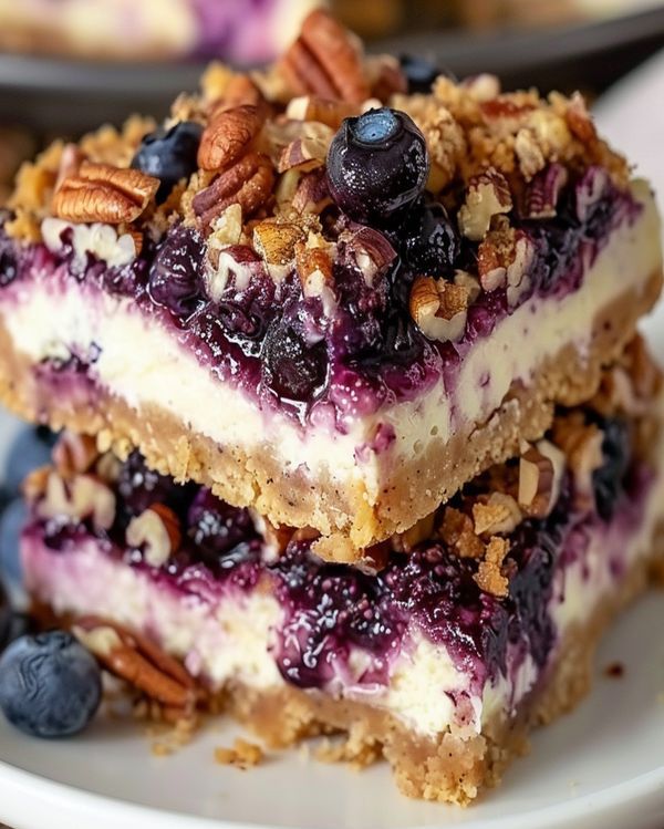 blueberry cheesecake bars stacked on top of each other with pecans in the background