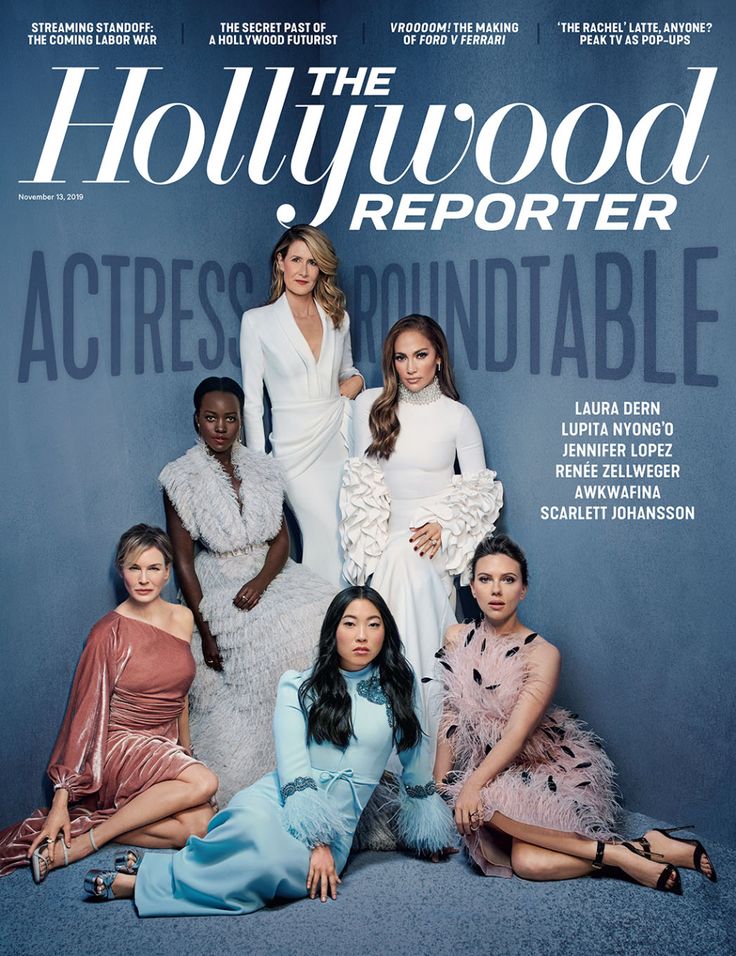 the hollywood reporter magazine cover features four women in dresses and one is sitting on the floor