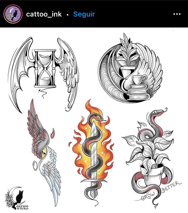 four different tattoo designs with flames and snakes on the side, one is an hourglass