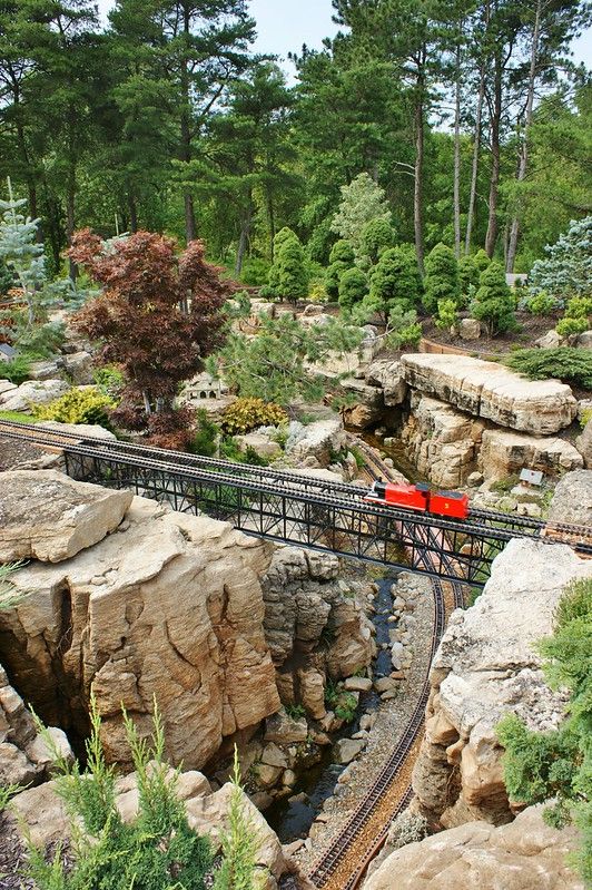 a red train traveling through a lush green forest filled with rocks and trees on top of a bridge