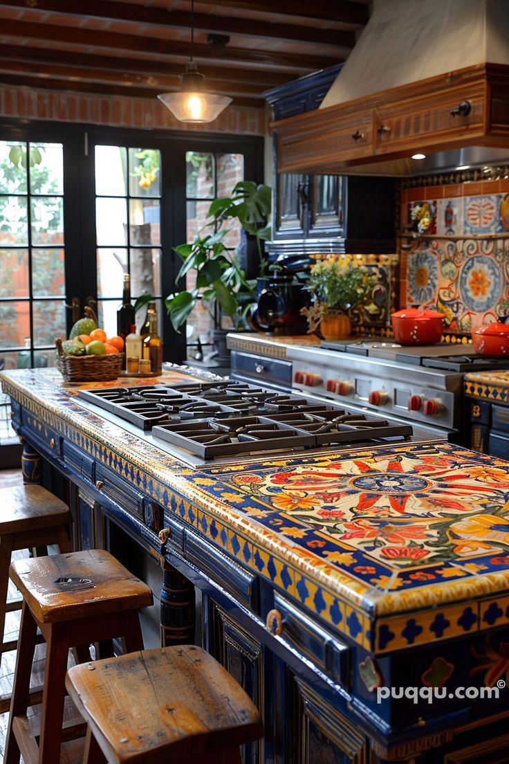 a kitchen with an island and wooden stools in front of the stove top, surrounded by potted plants