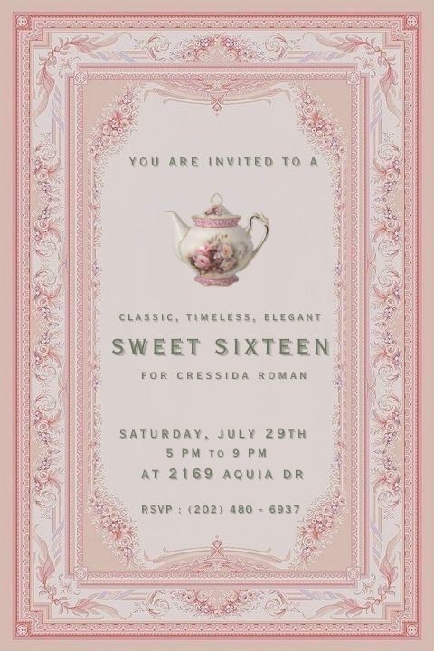 a pink and white tea party with an ornate frame