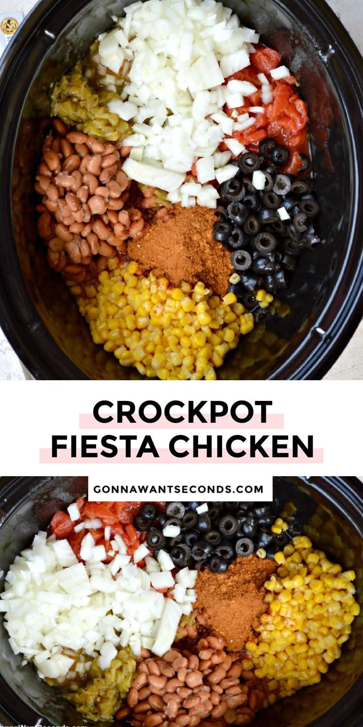 crockpot fiesta chicken recipe in a slow cooker with the title above it