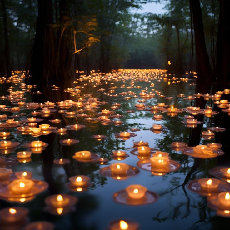 many lit candles are floating in the water near some trees and leaves on the ground