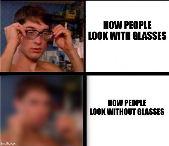 the man is wearing glasses and looking at his reflection in the mirror, then he's not smiling