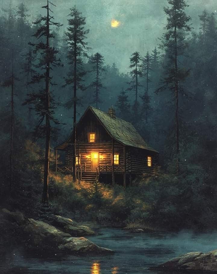 a painting of a cabin in the woods at night