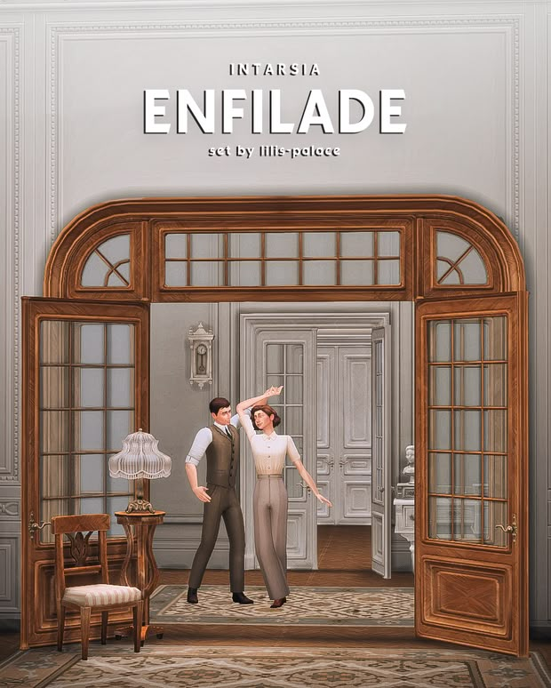 two people standing in an open doorway with the words enfilade on it