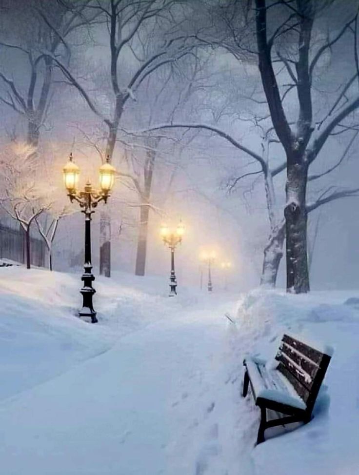 a park bench covered in snow next to street lamps and lampposts on a snowy day