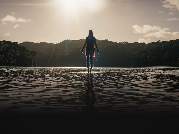 a person standing in the water with their back to the camera