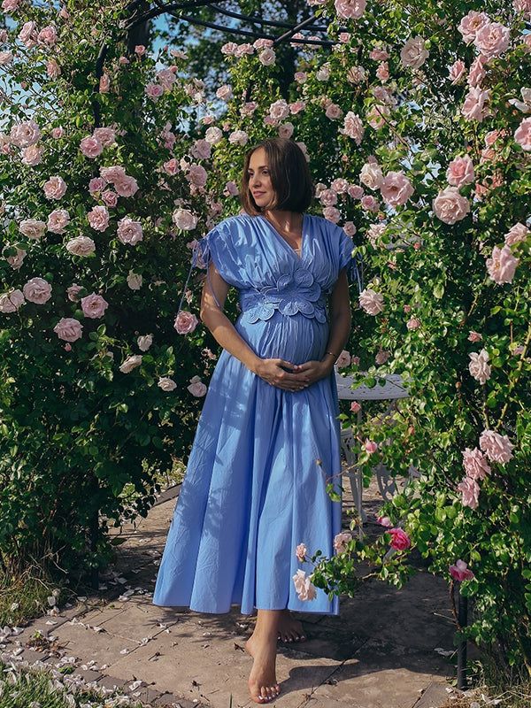 Momyknows Blue 3D Flowers Fleated Drawstring Big Swing Deep V-neck Elegant Holiday Vacation Maternity Photoshoot Baby Shower Maxi Dress Amazon Maternity Dresses, Baby Shower Dress Blue, Maternity Wedding Guest Dress, Baby Shower Dress For Mom, Blue Baby Shower Dress, Gender Reveal Dress, Spring Maternity Outfits, Blue Maternity Dress