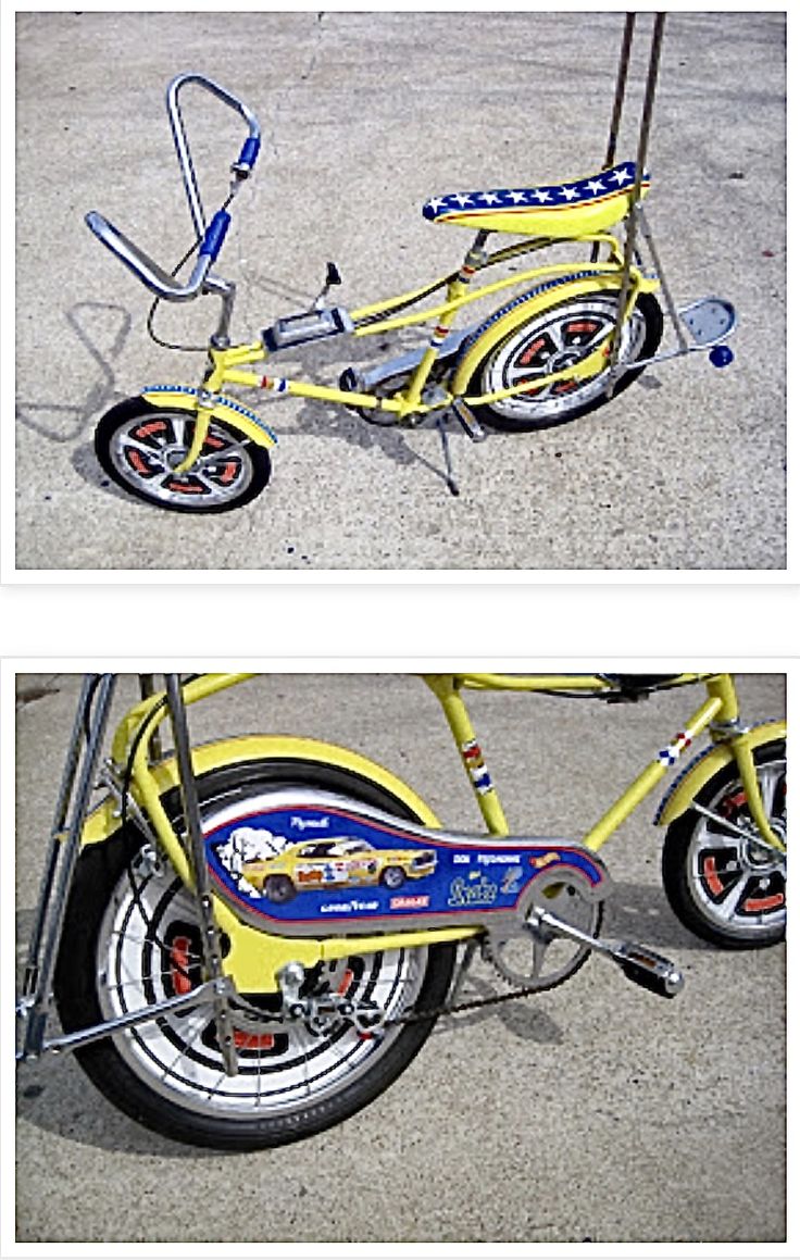 two pictures of a yellow tricycle with blue and red accents on the front wheel