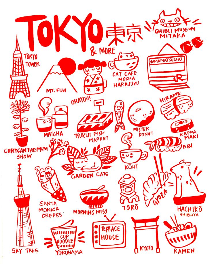 an illustrated drawing of tokyo and other places in red ink on white paper with the words tokyo written below it