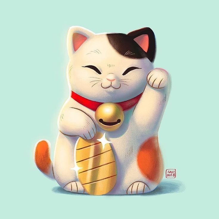 a cartoon cat with a bell around its neck and paw on it's chest