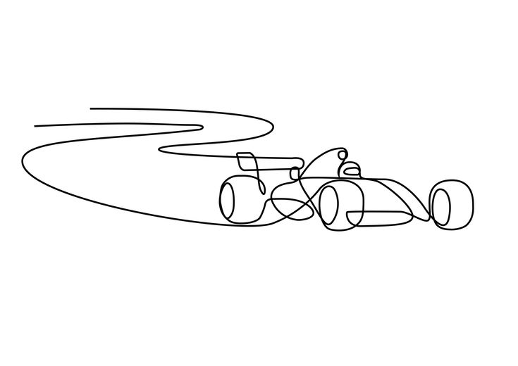 a black and white drawing of a race car driving on a track with the wheels down