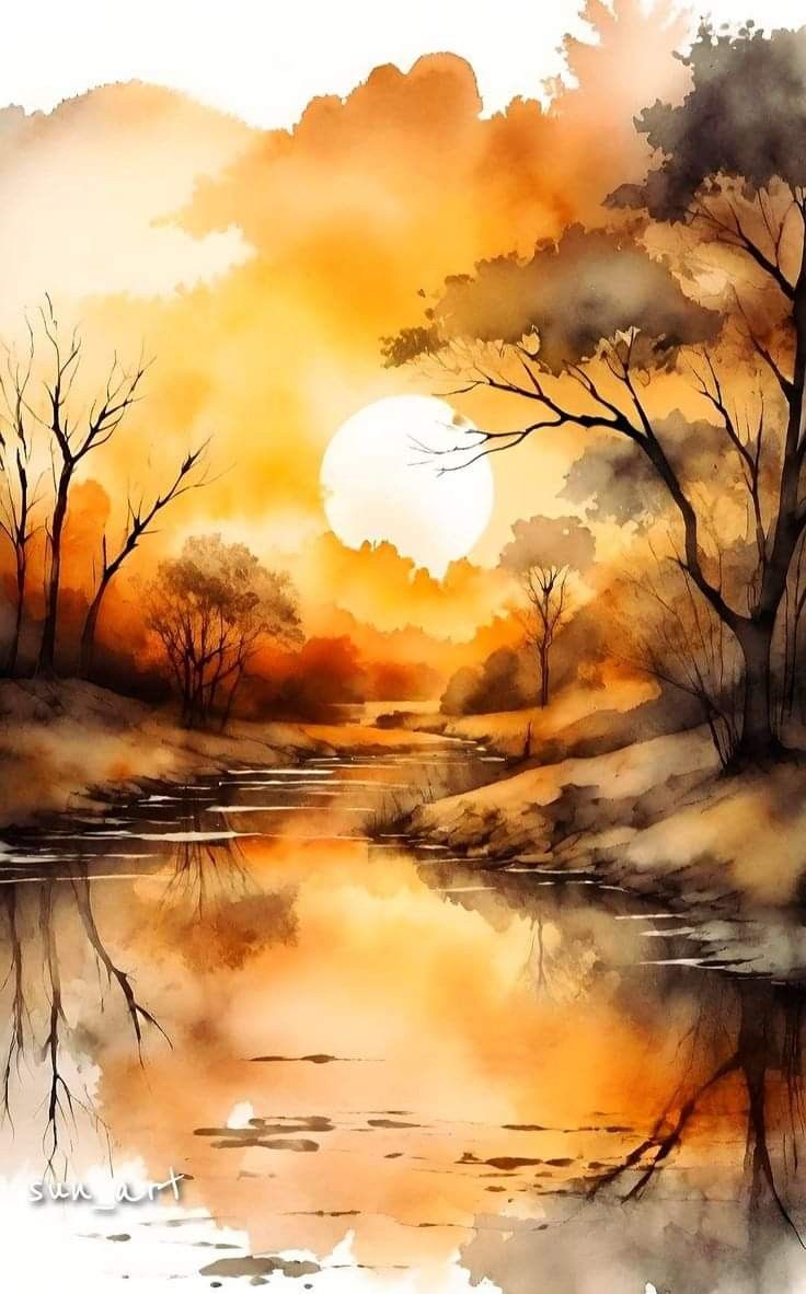 a painting of trees and water with the sun in the background