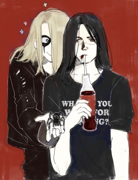 two people standing next to each other with drinks in their hands and one holding a soda