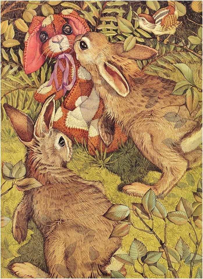 an image of rabbits in the grass with flowers and leaves on it's back