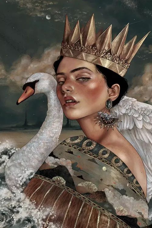 a painting of a woman wearing a crown with a swan on her shoulder in the water