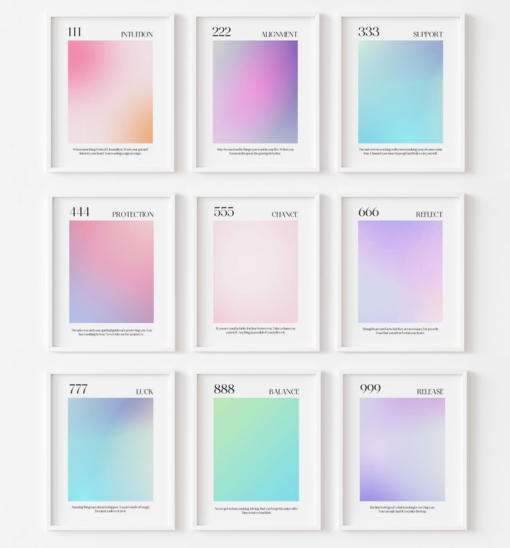 six square white frames with pastel colors on them