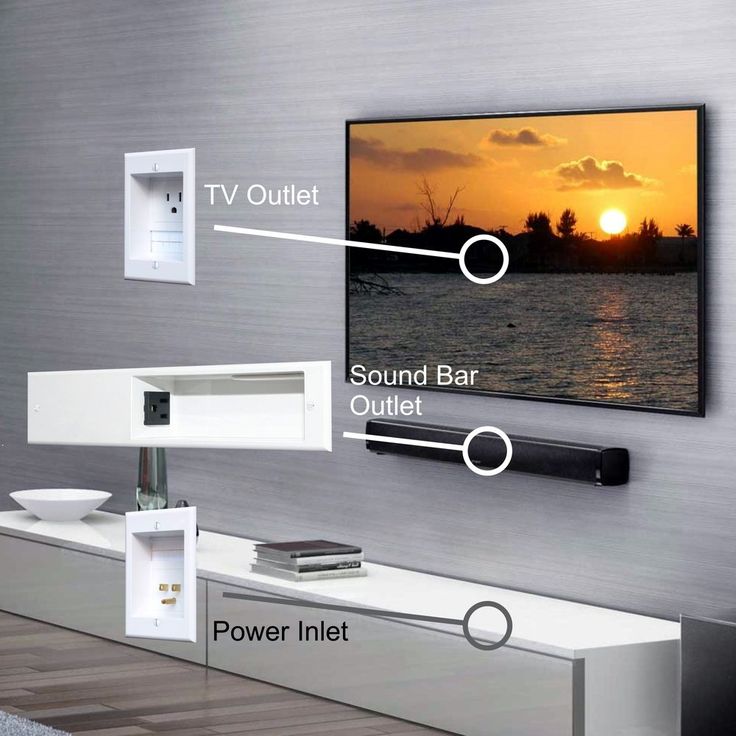 a tv mounted on the side of a wall next to a shelf with speakers and remotes