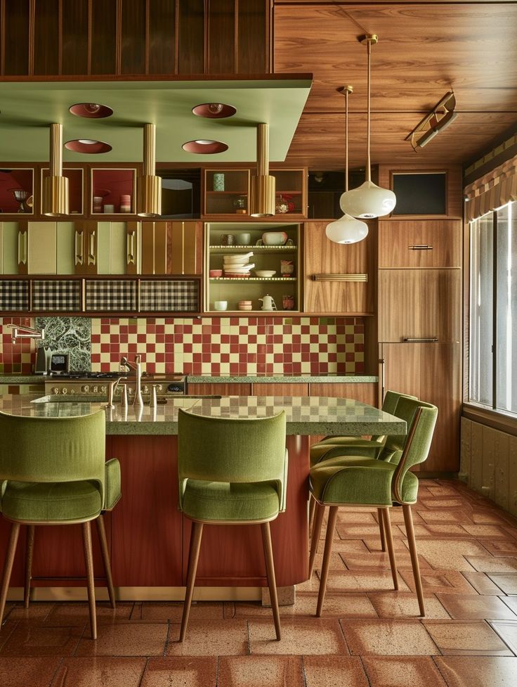 a kitchen with checkered tile flooring and green chairs at the center of the island