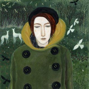 a painting of a woman wearing a green coat with birds flying around her and trees in the background