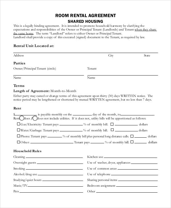 room rental agreement form is shown in this image