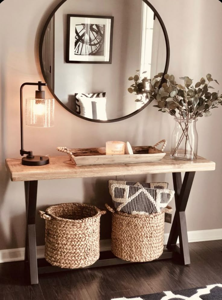 Using a mirror, entry table, and a few table top decoration pieces you can add this to your home! Entryway Table Decor, Hall Decor, Home Entrance Decor, Entry Way, Decor Home Living Room, Round Mirror, Living Room Decor Apartment, Living Room Inspo, Apartment Living Room