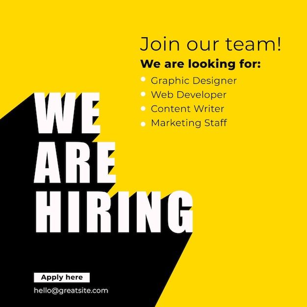 we are hiring flyer with yellow background and black text on the bottom right corner that reads, join our team we are looking for graphic designer web development