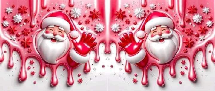 two santa clauss are standing next to each other in front of dripping pink paint