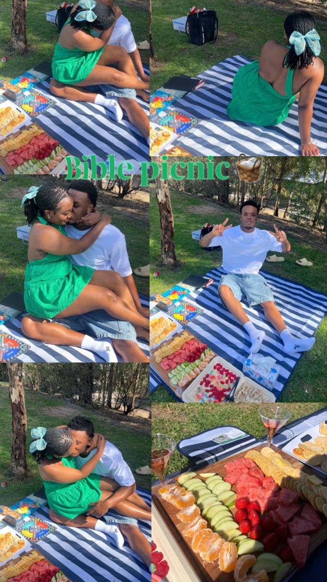 a man and woman sitting on top of a picnic blanket