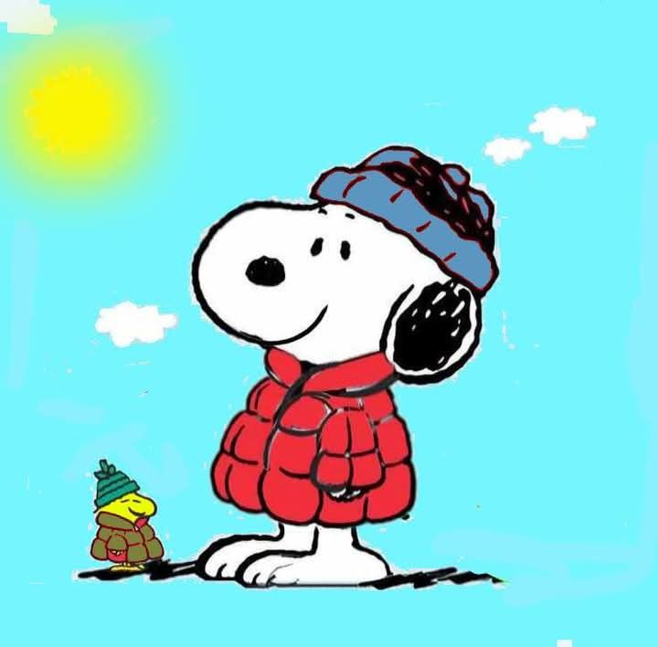 a drawing of a cartoon dog wearing a red jacket and hat standing next to a small christmas tree