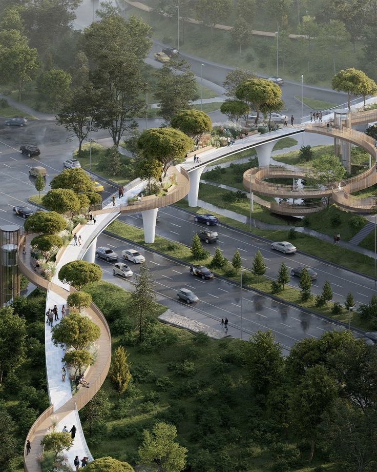 an artist's rendering of a curved road with trees and people walking on it